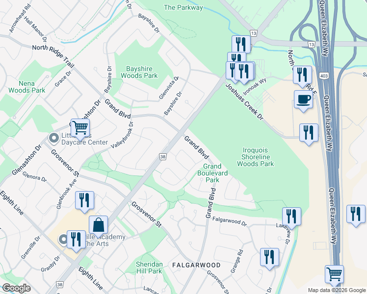 map of restaurants, bars, coffee shops, grocery stores, and more near 1501 Kenilworth Crescent in Oakville