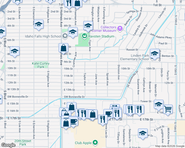 map of restaurants, bars, coffee shops, grocery stores, and more near 775 11th Street in Idaho Falls