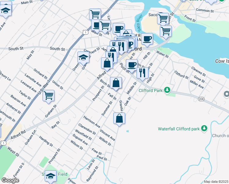 map of restaurants, bars, coffee shops, grocery stores, and more near 136 Hill Street in Biddeford