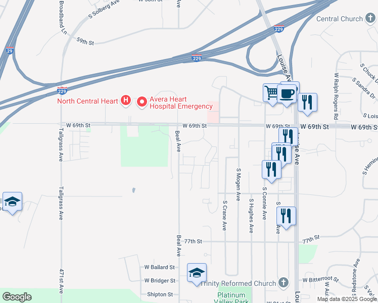 map of restaurants, bars, coffee shops, grocery stores, and more near 6308 Beal Avenue in Sioux Falls