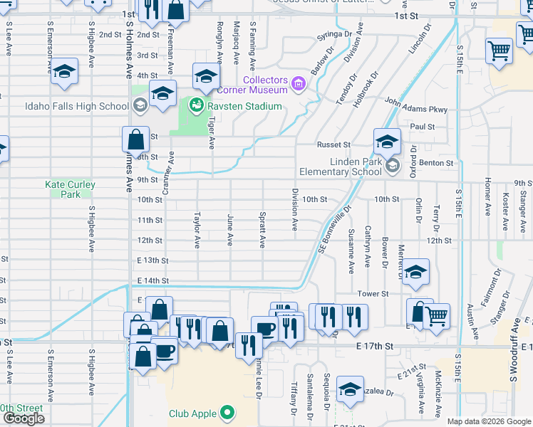 map of restaurants, bars, coffee shops, grocery stores, and more near 1099 Spratt Avenue in Idaho Falls