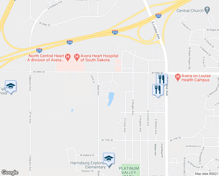 map of restaurants, bars, coffee shops, grocery stores, and more near 4001 West 69th Street in Sioux Falls