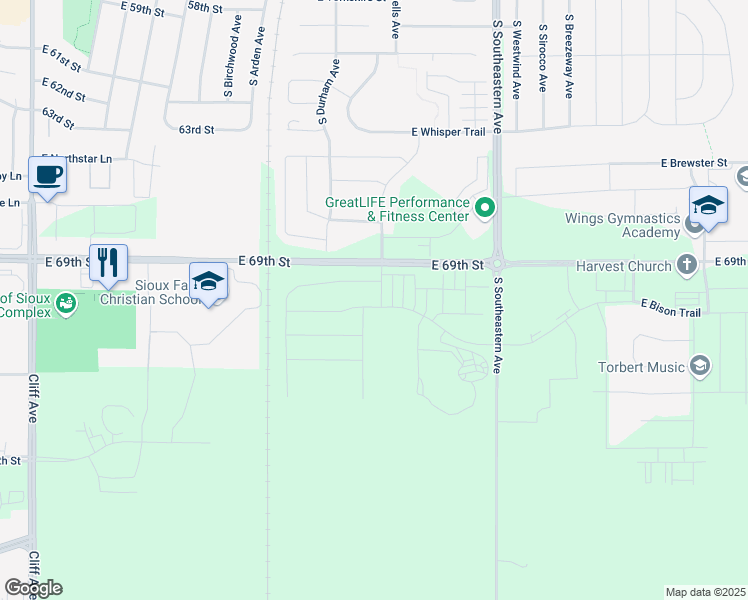 map of restaurants, bars, coffee shops, grocery stores, and more near 2618 East Bison Trail in Sioux Falls