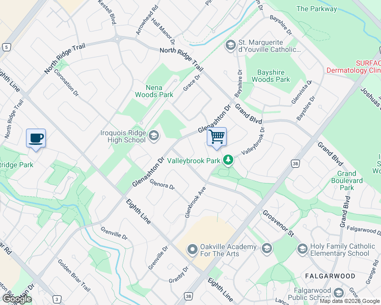 map of restaurants, bars, coffee shops, grocery stores, and more near 1127 Avondale Drive in Oakville