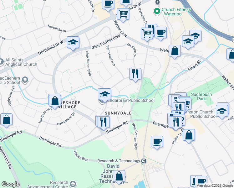 map of restaurants, bars, coffee shops, grocery stores, and more near 203 Cedarvale Crescent in Waterloo