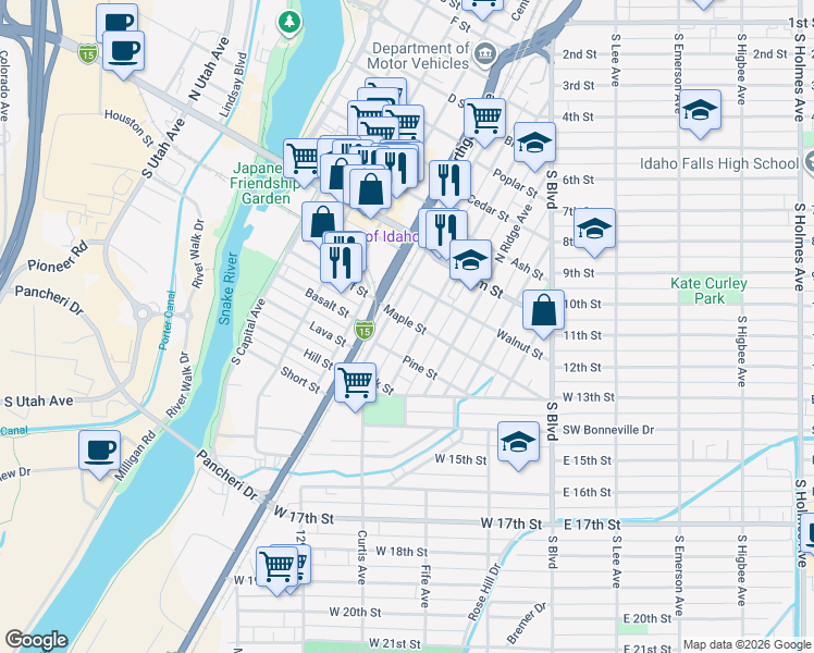 map of restaurants, bars, coffee shops, grocery stores, and more near 224 South Water Avenue in Idaho Falls