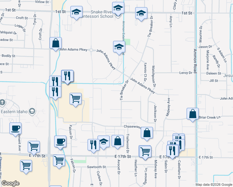 map of restaurants, bars, coffee shops, grocery stores, and more near 2980 Glenn Cove Court in Ammon