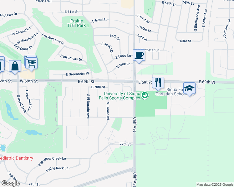 map of restaurants, bars, coffee shops, grocery stores, and more near 1010 East Sunrise Place in Sioux Falls