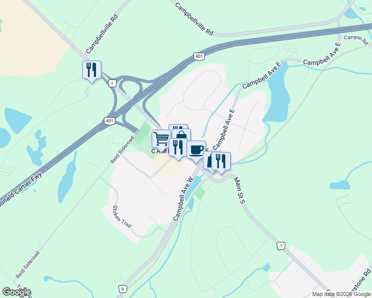 map of restaurants, bars, coffee shops, grocery stores, and more near 51 Main Street North in Milton