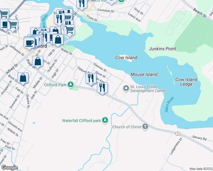 map of restaurants, bars, coffee shops, grocery stores, and more near 197 Pool Street in Biddeford