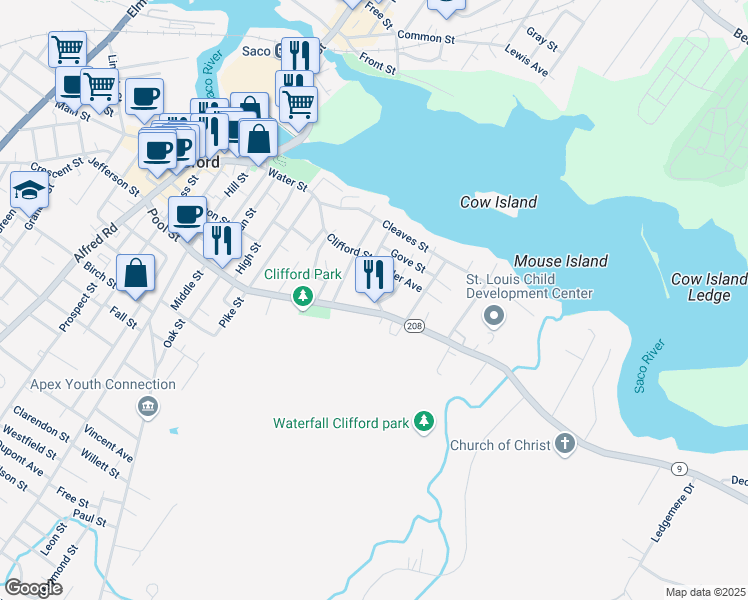 map of restaurants, bars, coffee shops, grocery stores, and more near 159 Maine 208 in Biddeford