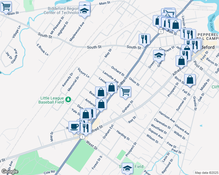 map of restaurants, bars, coffee shops, grocery stores, and more near 312 Elm Street in Biddeford