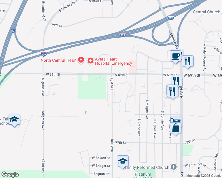map of restaurants, bars, coffee shops, grocery stores, and more near 6308 Beal Avenue in Sioux Falls