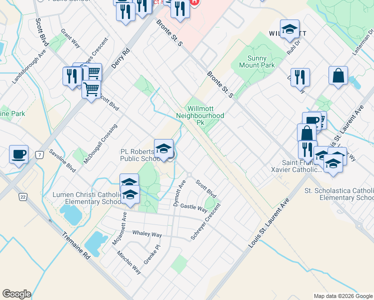 map of restaurants, bars, coffee shops, grocery stores, and more near 7 McCandless Court in Milton