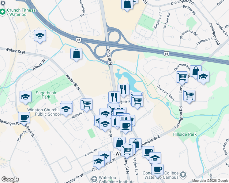 map of restaurants, bars, coffee shops, grocery stores, and more near King Street North in Waterloo