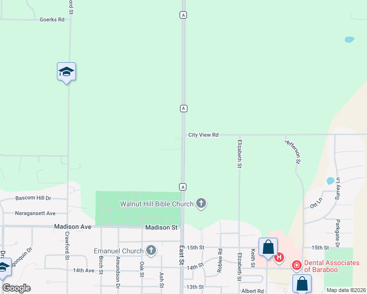 map of restaurants, bars, coffee shops, grocery stores, and more near County Road A in Baraboo