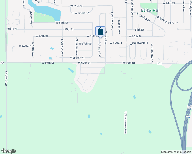 map of restaurants, bars, coffee shops, grocery stores, and more near 6917 Jacob Street in Sioux Falls