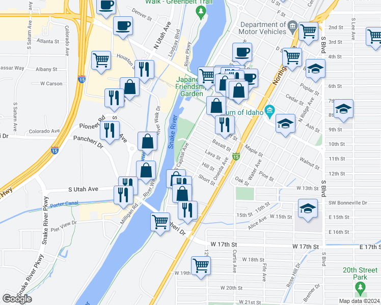 map of restaurants, bars, coffee shops, grocery stores, and more near 380 Hill Street in Idaho Falls
