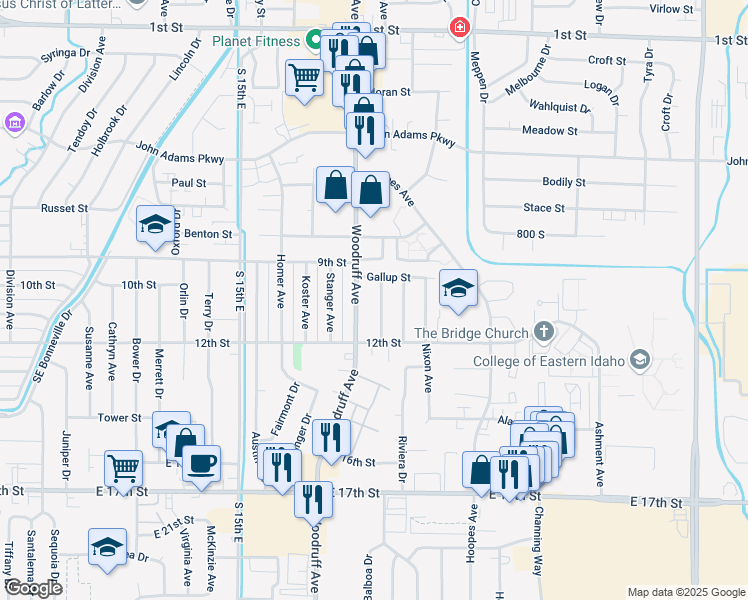 map of restaurants, bars, coffee shops, grocery stores, and more near 1079 South Woodruff Avenue in Idaho Falls