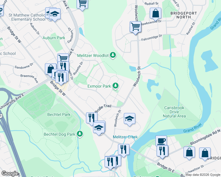 map of restaurants, bars, coffee shops, grocery stores, and more near 425 Exmoor Street in Waterloo