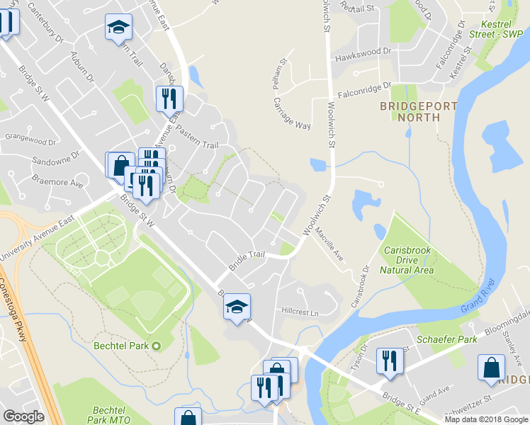 map of restaurants, bars, coffee shops, grocery stores, and more near 449 Exmoor Street in Waterloo