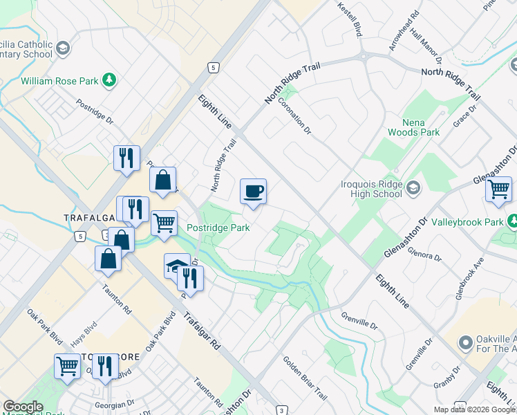map of restaurants, bars, coffee shops, grocery stores, and more near 475 Ravineview Way in Oakville