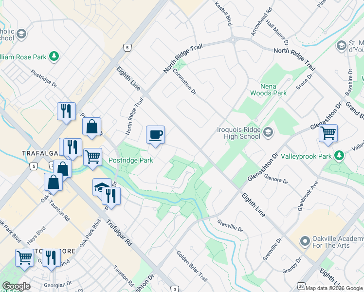 map of restaurants, bars, coffee shops, grocery stores, and more near 2355 Woodridge Way in Oakville