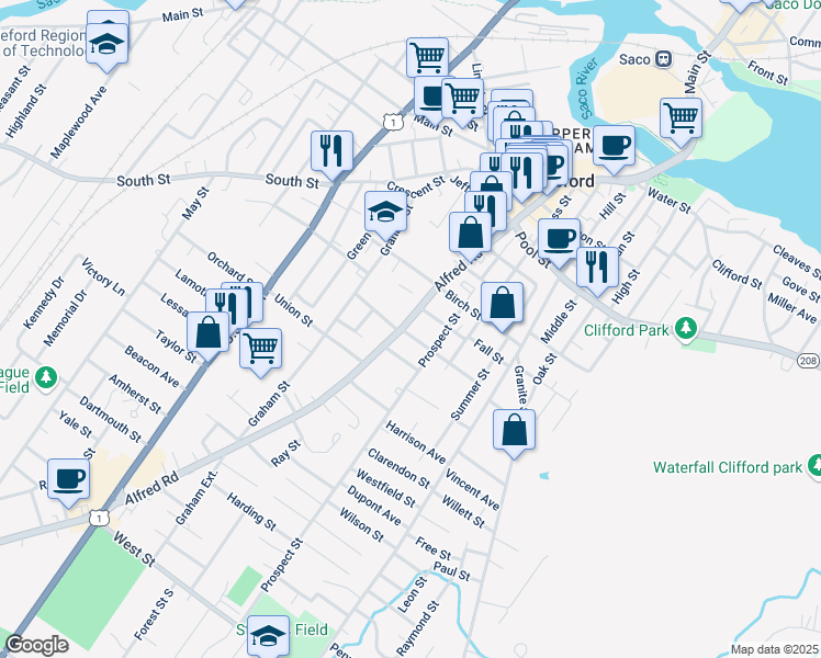 map of restaurants, bars, coffee shops, grocery stores, and more near 189 Alfred Street in Biddeford