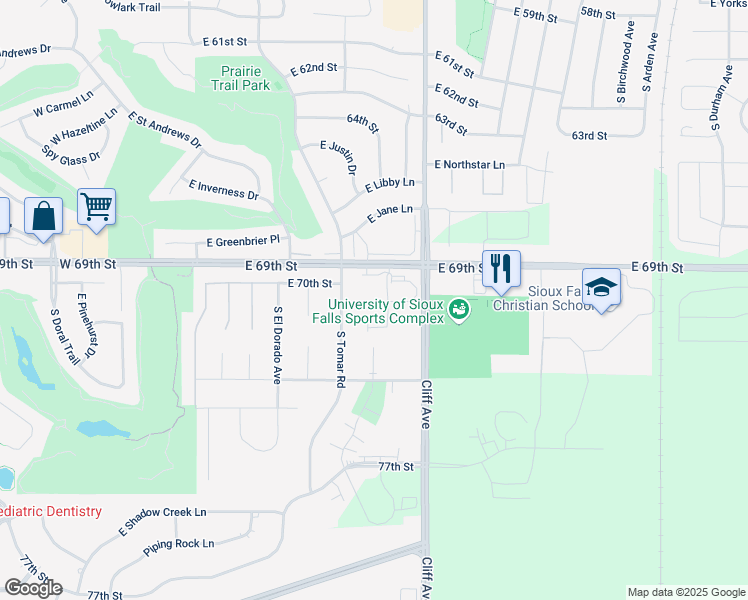 map of restaurants, bars, coffee shops, grocery stores, and more near 1010 East Sunrise Place in Sioux Falls