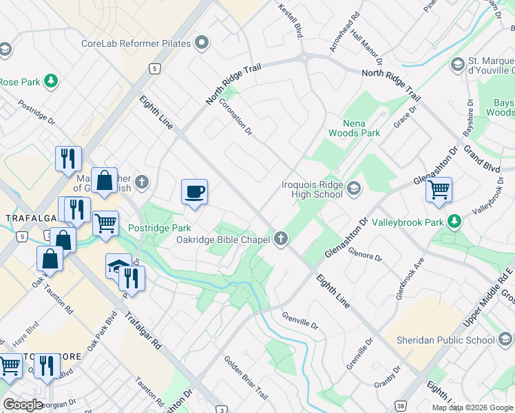 map of restaurants, bars, coffee shops, grocery stores, and more near 2309 Eighth Line in Oakville
