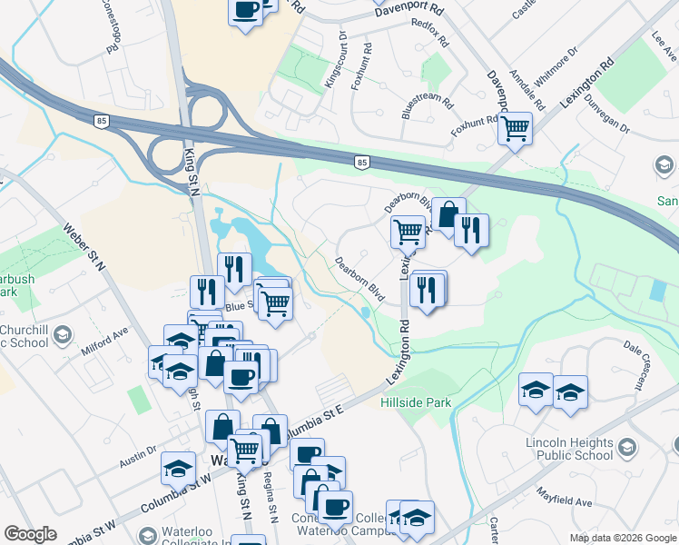 map of restaurants, bars, coffee shops, grocery stores, and more near 240 Dearborn Boulevard in Waterloo
