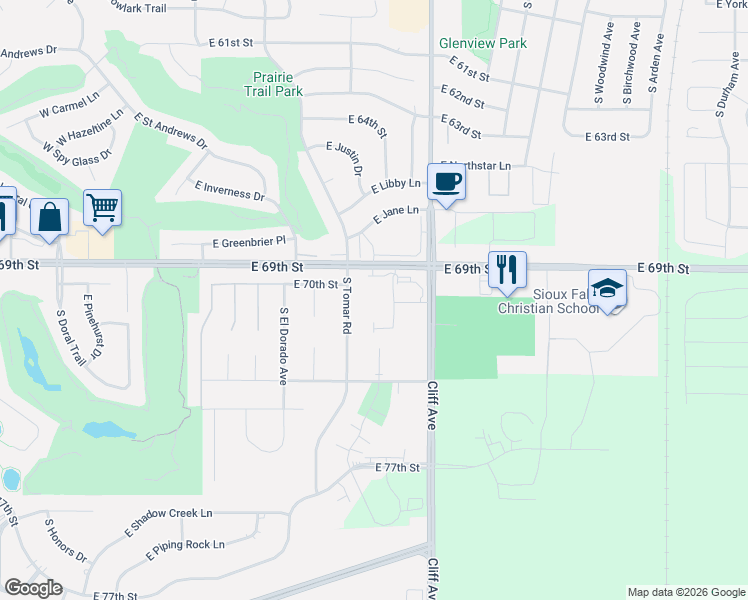 map of restaurants, bars, coffee shops, grocery stores, and more near 1010 East Sunrise Place in Sioux Falls