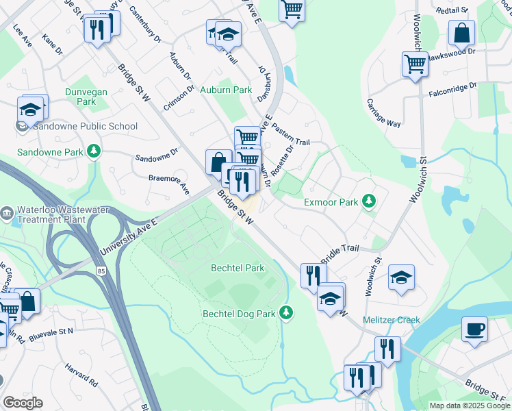 map of restaurants, bars, coffee shops, grocery stores, and more near 239 Auburn Drive in Waterloo