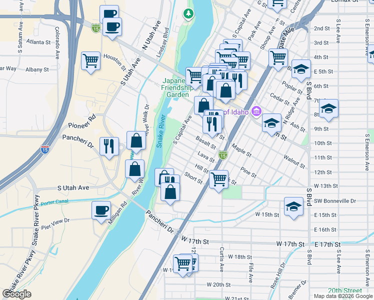 map of restaurants, bars, coffee shops, grocery stores, and more near 302 Hill Street in Idaho Falls