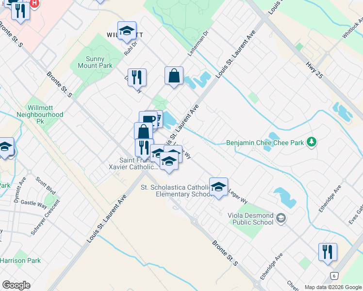map of restaurants, bars, coffee shops, grocery stores, and more near 1125 Leger Way in Milton
