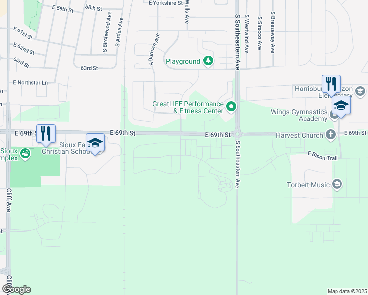 map of restaurants, bars, coffee shops, grocery stores, and more near 2700 East Bison Trail in Sioux Falls