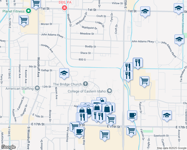 map of restaurants, bars, coffee shops, grocery stores, and more near 2235 12th Street in Idaho Falls