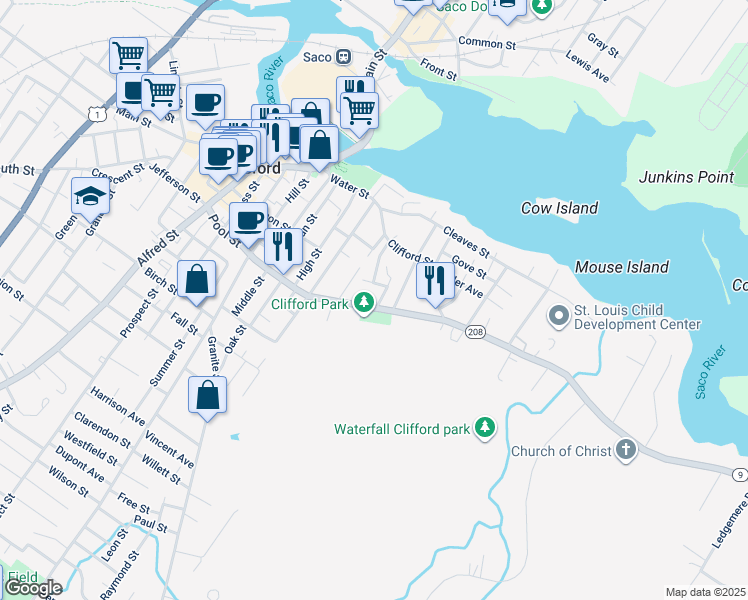map of restaurants, bars, coffee shops, grocery stores, and more near 130 Maine 208 in Biddeford