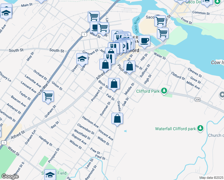 map of restaurants, bars, coffee shops, grocery stores, and more near 23 Fall Street in Biddeford