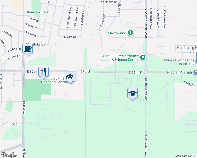 map of restaurants, bars, coffee shops, grocery stores, and more near 47555 East 69th Street in Sioux Falls