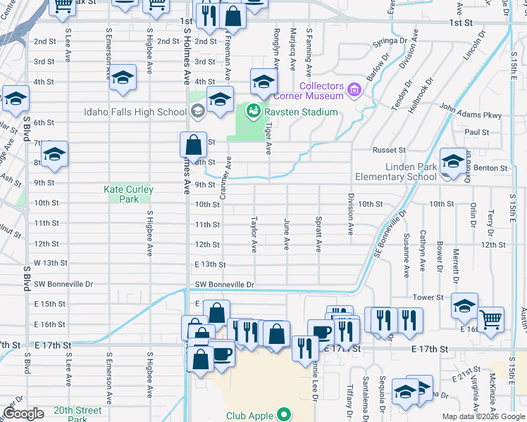 map of restaurants, bars, coffee shops, grocery stores, and more near 775 11th Street in Idaho Falls