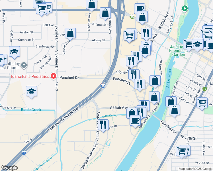map of restaurants, bars, coffee shops, grocery stores, and more near 1138 South Pioneer Road in Idaho Falls