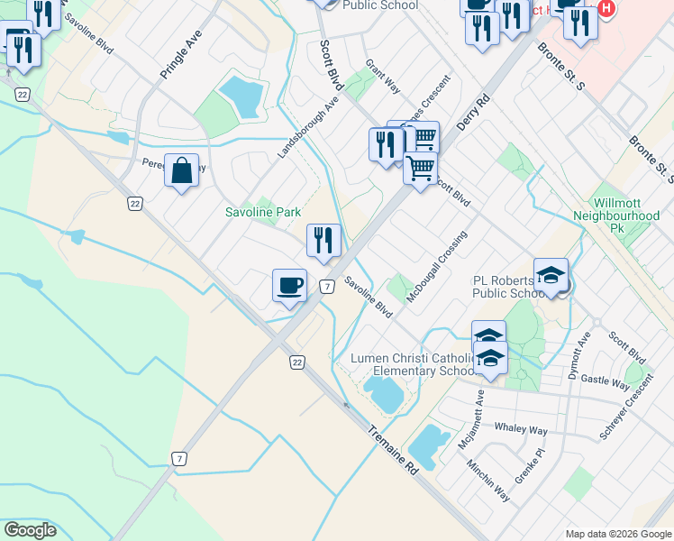map of restaurants, bars, coffee shops, grocery stores, and more near Derry Road & Savoline Boulevard in Milton