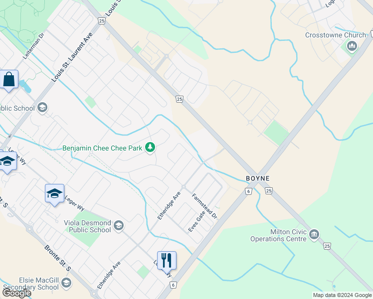 map of restaurants, bars, coffee shops, grocery stores, and more near Orr Terrace in Milton