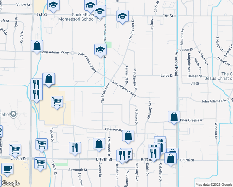 map of restaurants, bars, coffee shops, grocery stores, and more near 1028 Ashland Drive in Ammon
