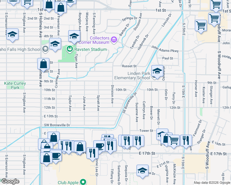 map of restaurants, bars, coffee shops, grocery stores, and more near 993 11th Street in Idaho Falls
