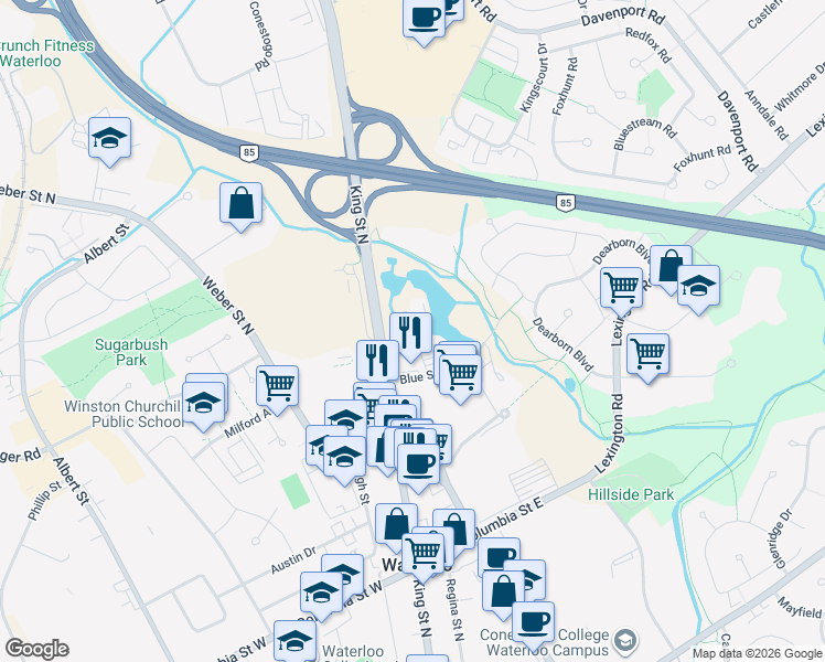 map of restaurants, bars, coffee shops, grocery stores, and more near 30 Blue Springs Drive in Waterloo