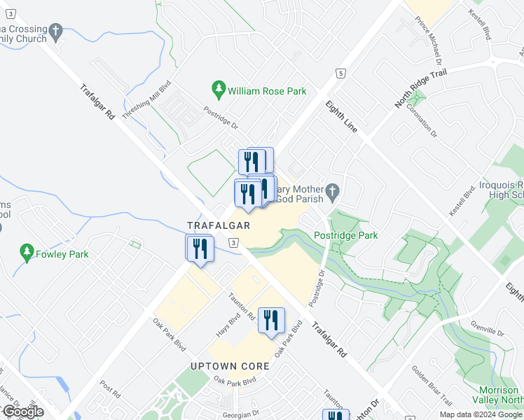 map of restaurants, bars, coffee shops, grocery stores, and more near 380 Dundas Street East in Oakville