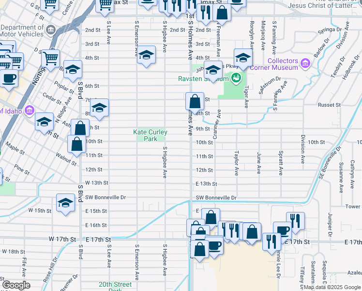 map of restaurants, bars, coffee shops, grocery stores, and more near 486 11th Street in Idaho Falls