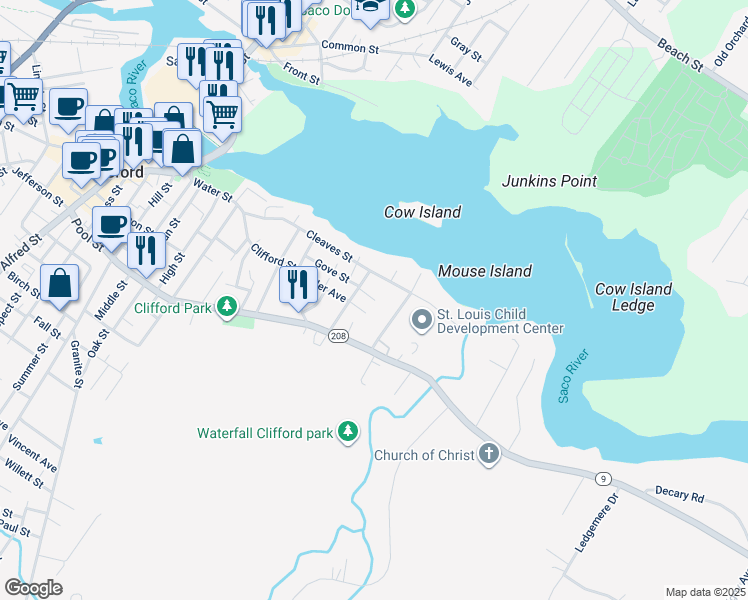 map of restaurants, bars, coffee shops, grocery stores, and more near 26 Lafayette Street in Biddeford